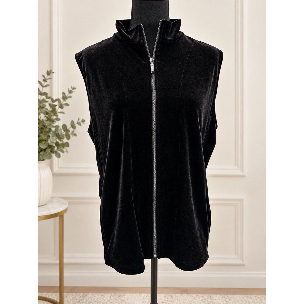 Chico Sz 3 Womens XL Vest Jacket Black Velvet Sleeveless Velour Full Zip Pockets